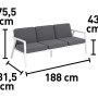 Wymiary zestawu mebli ogrodowych t.b.t.: wysokość 75,5 cm, wysokość siedziska 43 cm, szerokość 81,5 cm, długość 188 cm.