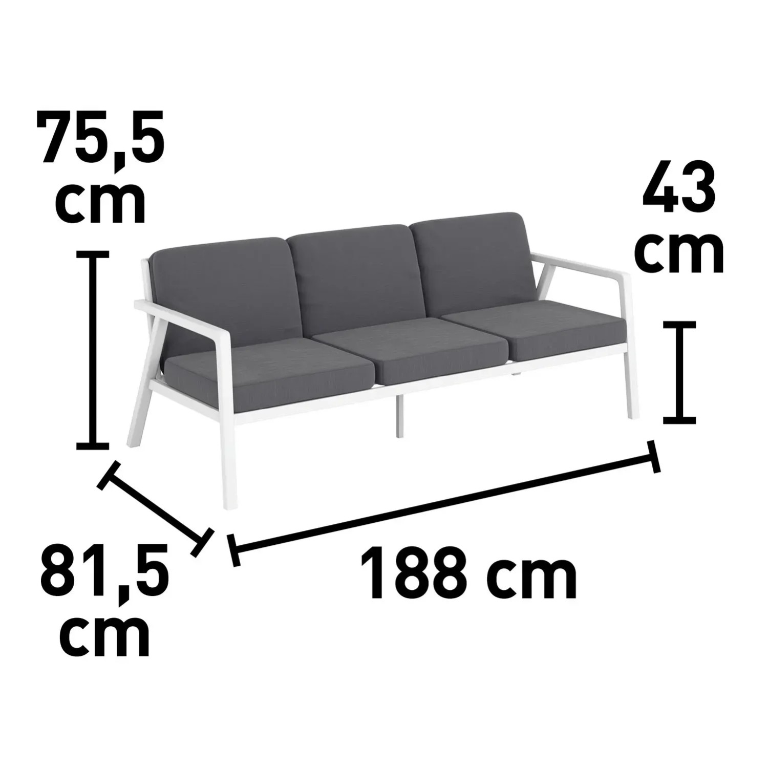 Wymiary zestawu mebli ogrodowych t.b.t.: wysokość 75,5 cm, wysokość siedziska 43 cm, szerokość 81,5 cm, długość 188 cm.