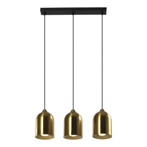 Złota lampa wisząca t.b.t. z trzema kloszami pod czarnym mocowaniem.