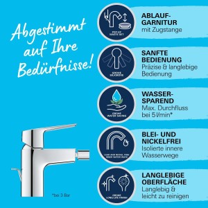 Bateria bidetowa Grohe QuickFix Start, chrom, z funkcją oszczędzania energii i informacjami o cechach produktu.