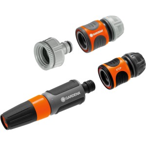 Zestaw czyszczący Gardena: pistolet natryskowy, złącze kranowe, złącze węża i stop wody do węży ogrodowych.