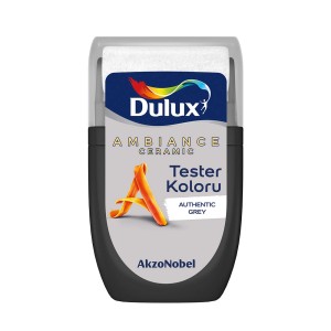 Tester koloru Dulux Authentic Grey, szara farba do ścian do testowania.