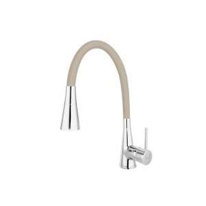 Bateria jednouchwytowa t.b.t. z elastyczną wylewką w kolorze beżowym i chromowanym.