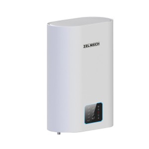 Biały bojler Zelmech z cyfrowym wyświetlaczem. Podgrzewacz wody do użytku domowego.