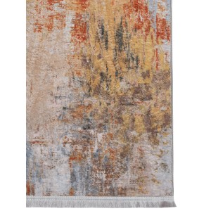 Nowoczesny dywan z krótkim włosiem z abstrakcyjnym wzorem w kolorach beżowym, pomarańczowym i szarym.