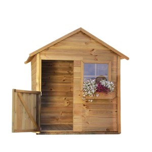 Drewniany domek do zabawy z oknem, skrzynką na kwiaty i otwartymi drzwiami.