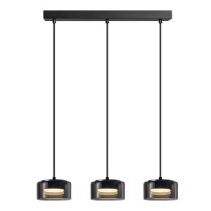 Czarna lampa wisząca t.b.t. z trzema kloszami do jadalni lub salonu.