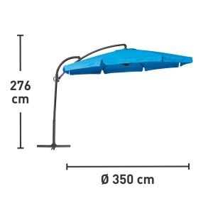 Niebieski parasol Cocoa Beach, Ø 350 cm, z korbą i bocznym masztem do ogrodu i na taras.
