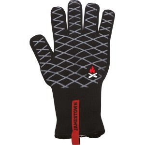 Czarna rękawica do grillowania Jamestown z rombowym wzorem i logo, odporna na temperaturę do 250°C.