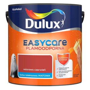 Dulux EasyCare farba do ścian w kolorze czerwonym, wiadro z farbą. Idealna do kolorowych ścian.
