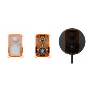 Bateria wannowa t.b.t.: Instalacja podtynkowa z pomarańczowymi obudowami i czarną armaturą.