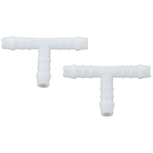 Dwa białe łączniki wodne t.b.t. w kształcie litery T do rur.