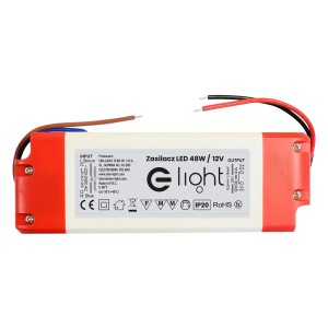 Transformator LED do taśm LED, 48W/12V, z czerwoną obudową i złączami kablowymi.