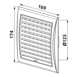Rysunek techniczny: t.b.t. kratka wentylacyjna ścienna o wymiarach 169x174mm i Ø125mm.