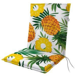 Poduszka na krzesło ogrodowe z wzorem ananasa i palmy.