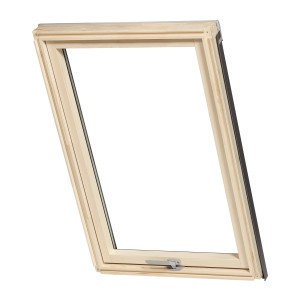 Okno dachowe t.b.t. z drewnianą ramą, widok szczegółowy.