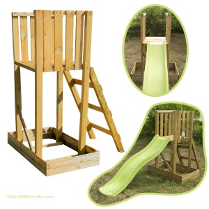 Drewniana wieża do zabawy z drabinką, opcjonalnie ze zjeżdżalnią do ogrodu lub na plac zabaw.