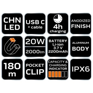 NEO TOOLS Latarka akumulatorowa CHN LED 2000 lm 180 m