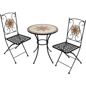 3-częściowy zestaw balkonowy Honobia ze stołem mozaikowym i składanymi krzesłami stalowymi.
