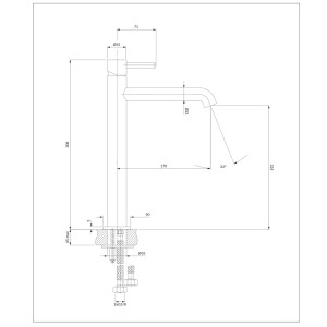 Rysunek techniczny baterii umywalkowej t.b.t. z wymiarami.