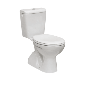 Białe kompaktowe WC t.b.t. ze spłuczką, widok z boku.