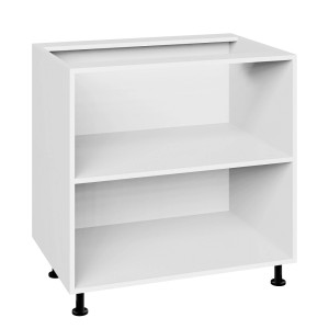 Biała szafka dolna t.b.t. z dwiema półkami i czarnymi nóżkami.