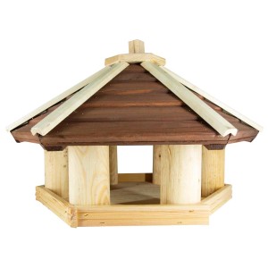 Drewniany karmnik dla ptaków z brązowym dachem do ogrodu.