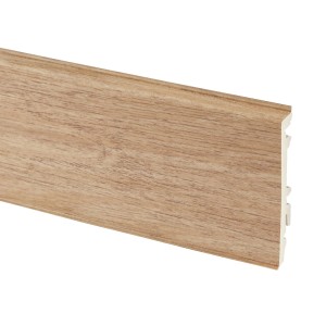 Listwa przypodłogowa t.b.t. w kolorze drewna, zbliżenie.