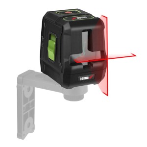 Laser krzyżowy DeDra z czerwoną wiązką lasera i uchwytem ściennym.