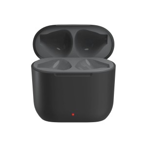 Czarne etui ładujące do słuchawek t.b.t., otwarte z czerwoną diodą LED.