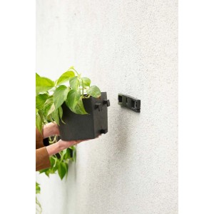 Czarna wisząca doniczka t.b.t. z rośliną i uchwytem ściennym.