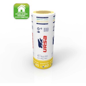 Rolka wełny mineralnej Ursa, białe opakowanie z niebieskim logo Ursa.