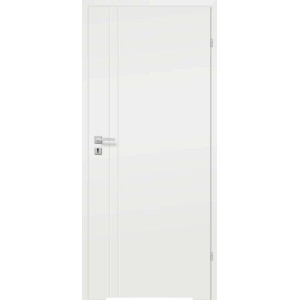 Białe drzwi wewnętrzne o prostym designie i srebrnym klamce.