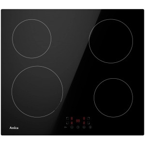 Czarna płyta kuchenna Amica z czterema strefami grzewczymi i sterowaniem cyfrowym.