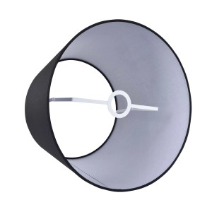 Czarny abażur do lamp, tekstylny, o cylindrycznym kształcie.