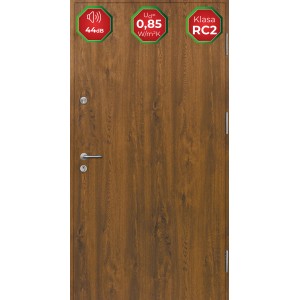 Brązowe drzwi zewnętrzne z efektem drewna, klasa bezpieczeństwa RC2 i izolacja akustyczna 44dB.