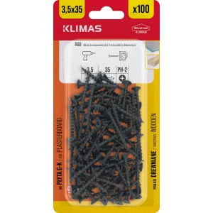 Wkręty Klimas 3,5x35 mm, opakowanie 100 sztuk do drewna i płyt gipsowych.