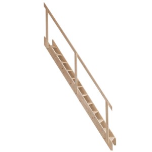 Dolle Schwerin schody zabiegowe z surowego świerku z jednostronną barierką.