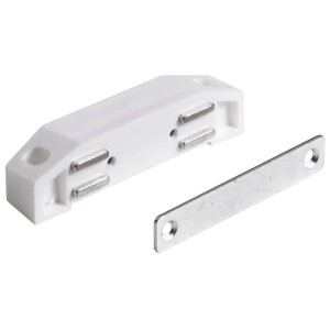 Biały plastikowy zatrzask magnetyczny XXL z płytką zaczepową do okuć meblowych, 2 sztuki.