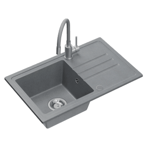 Szary granitowy zlew t.b.t. z ociekaczem i baterią.