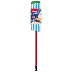 Mop Vileda Activemax z niebiesko-białą nakładką i czerwoną rączką do czyszczenia.