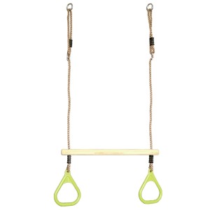 t.b.t. sprzęt do zabawy z drewnianym drążkiem, linami i zielonymi kółkami gimnastycznymi dla dzieci.