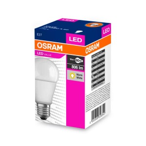 Żarówka LED Osram E27, 8,5W, kształt tradycyjnej żarówki, ciepłe białe światło. Idealna do pomieszczeń mieszkalnych.