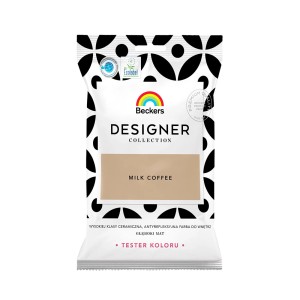 Próbka koloru 'Milk Coffee' Beckers do farb ściennych. Tester koloru w białym opakowaniu.
