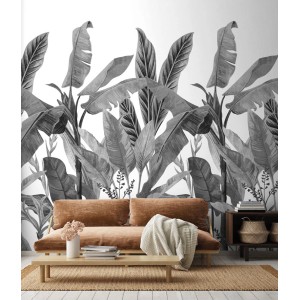 t.b.t. Tapeta dekoracyjna z tropikalnymi liśćmi w czerni i bieli.