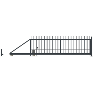 Antracytowe ogrodzenie metalowe t.b.t. system bramy przesuwnej, widok z boku.