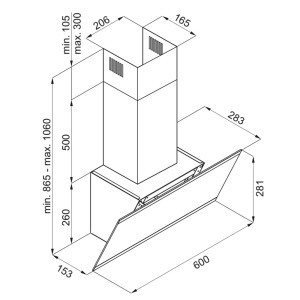 Rysunek techniczny okapu ściennego t.b.t. z wymiarami.