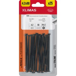 Czarne wkręty do płyt gipsowych 4,2x90 mm, 25 sztuk, do płyt gipsowych na podkonstrukcji stalowej.