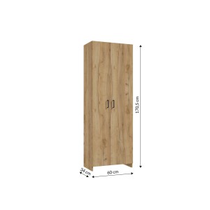 Wysoka szafka w drewnianym dekorze, część zestawu mebli łazienkowych, ok. 170 cm wysokości.