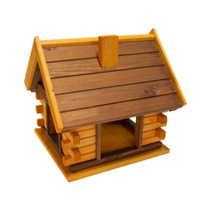 Drewniany karmnik dla ptaków w stylu chaty z bali, brązowy dach, żółte ściany. Karmnik dla ptaków.